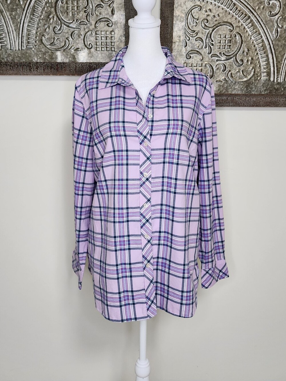 Talbots Lilac Plaid Button-Up Cotton Shirt Large New Preppy Casual Cabincore